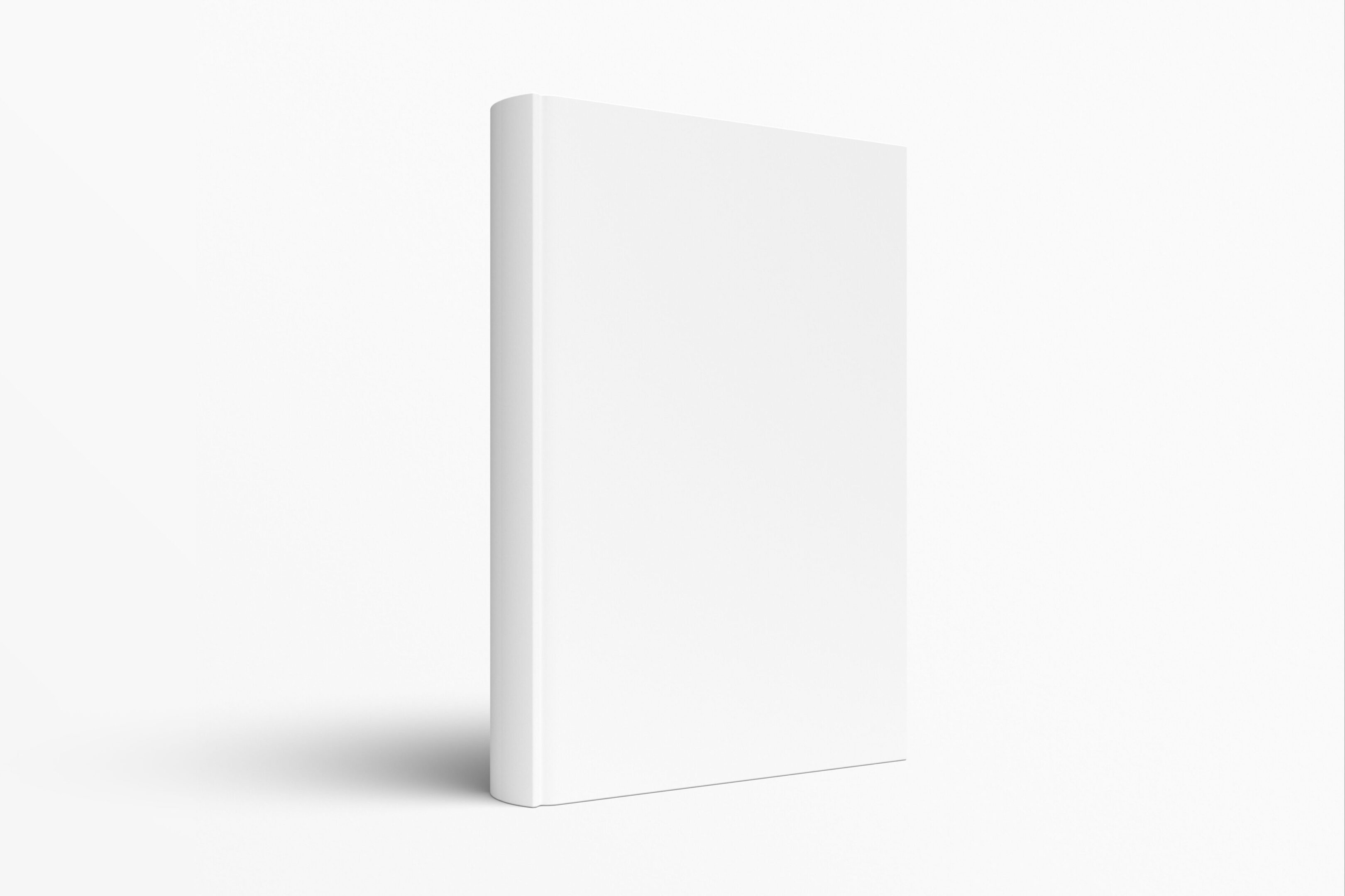 A blank white book standing upright on a neutral background.